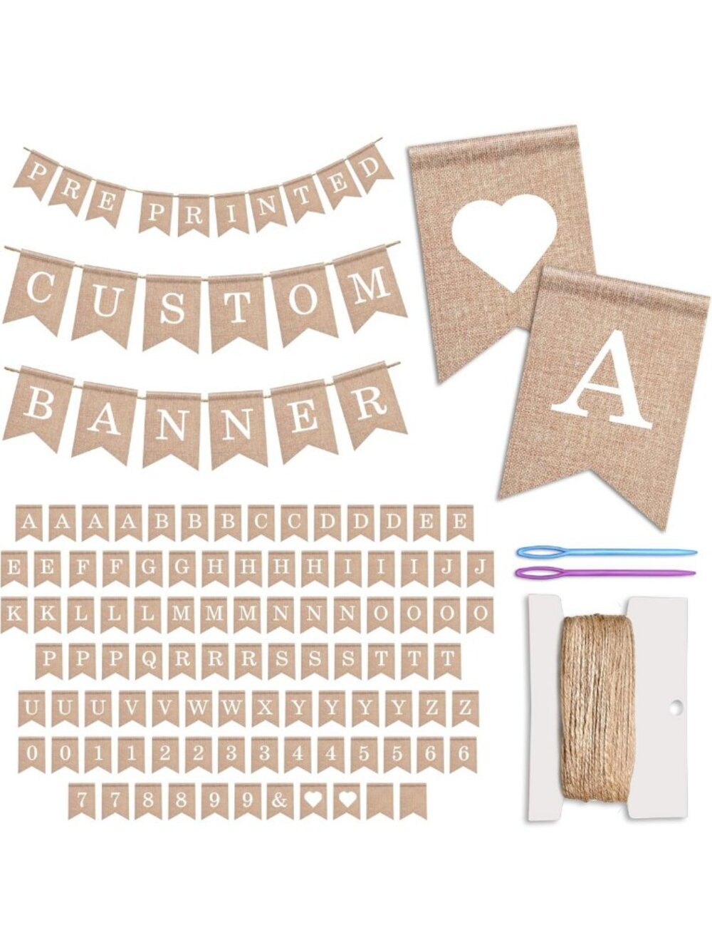 DIY Burlap Banner Kit - 97 Reusable Flags with White Letters & Symbols, Perfect